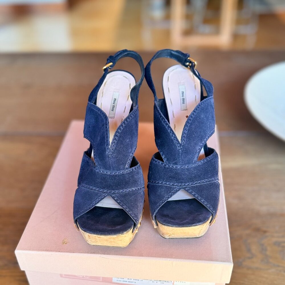 Miu Miu Scamosciato Bleu Color Platform Heel Detail Sandals Sz